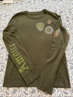 ZADIG AND VOLTAIRE Olive Green Embellished Sweater with Rhinestone Patches